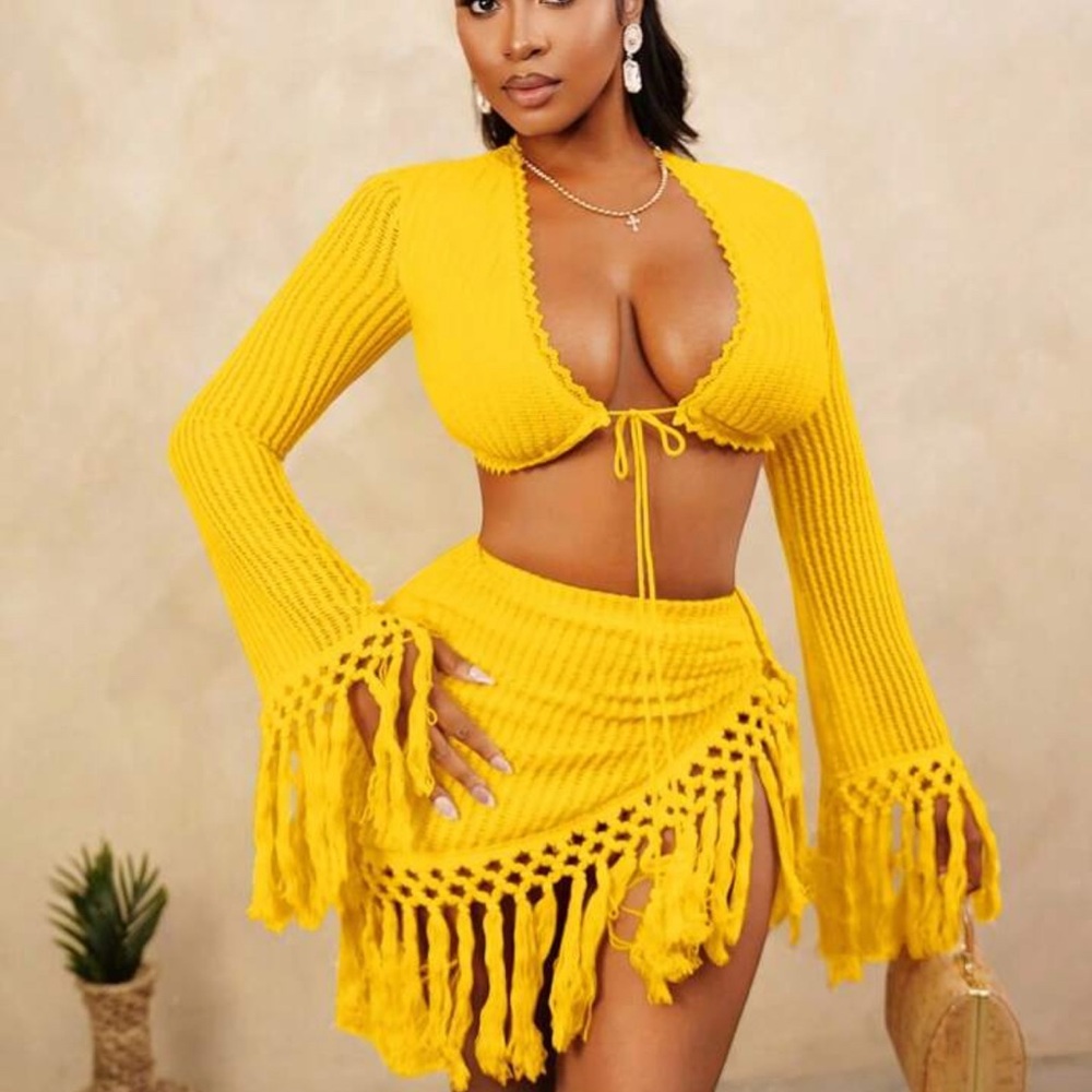 Yellow Knit Fringe Two-Piece Set